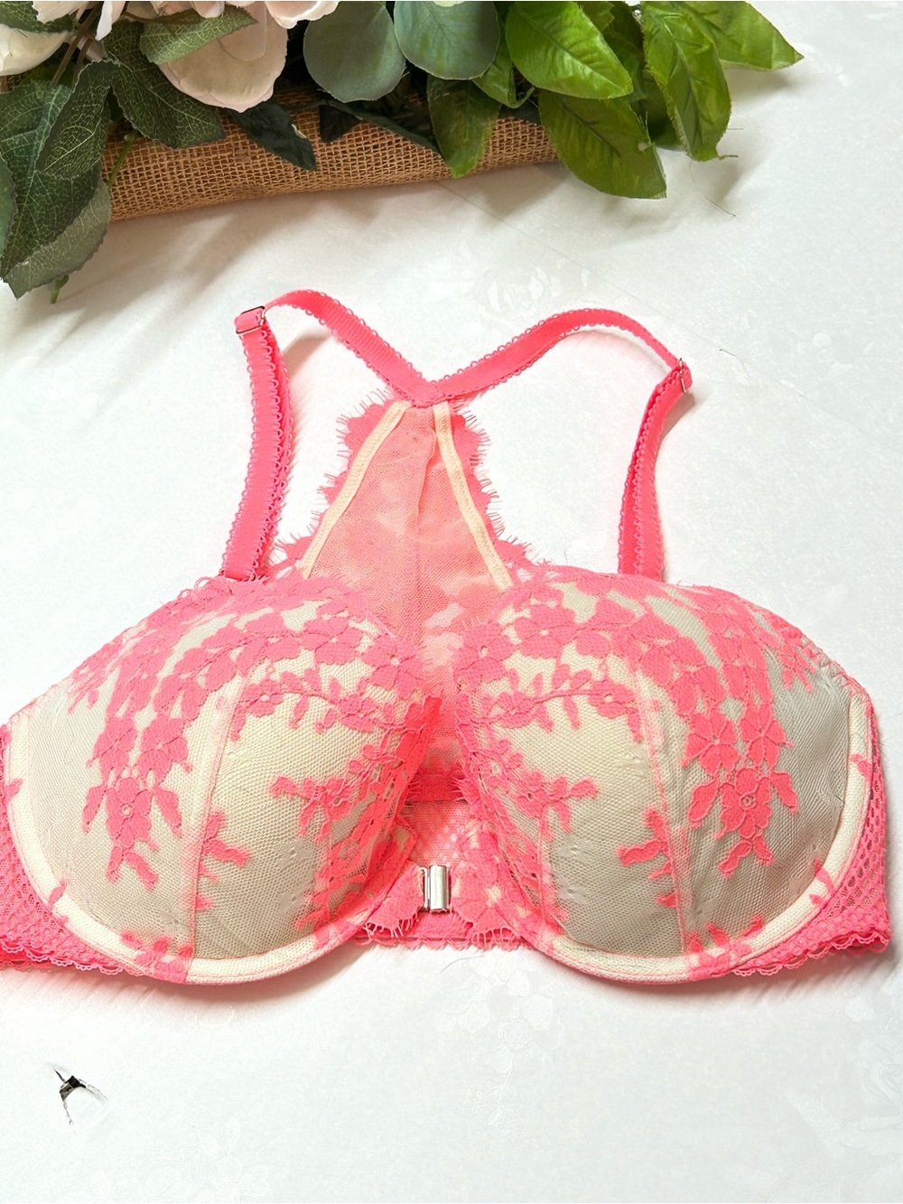 Sheer Lace Push-Up Bra in Neon Pink